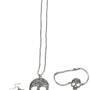 NEW 4pc Sugar Skull Jewelry Set | Necklace Earrings & Bracelet | Day Of The Dead